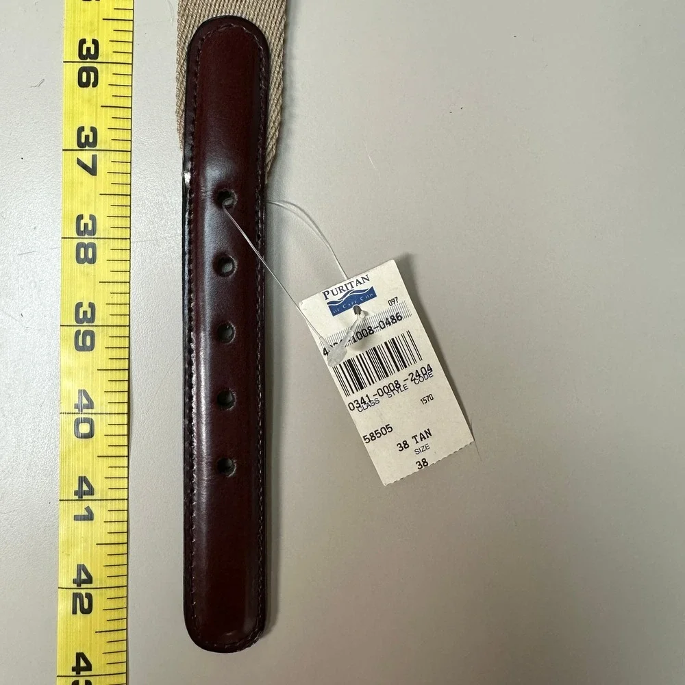 NWT Canterbury of New Zealand Mens Web Belt Tan Canvas Burgundy Leather Brass 38